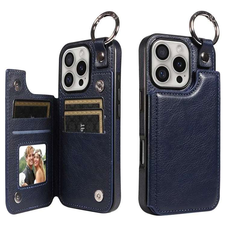 003 For iPhone 16 Pro Case Leather Ring Buckle Phone Back Cover Kickstand