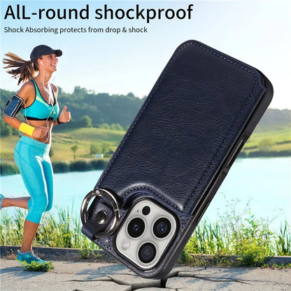 003 For iPhone 16 Pro Case Leather Ring Buckle Phone Back Cover Kickstand