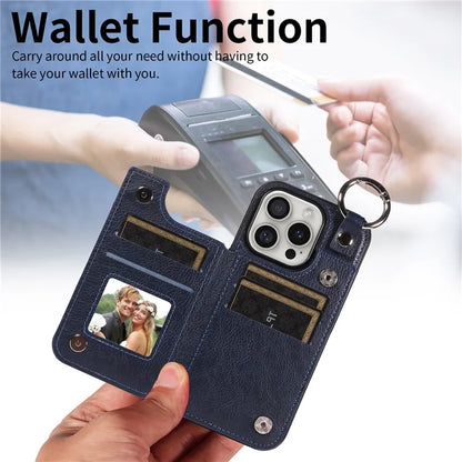 003 For iPhone 16 Pro Case Leather Ring Buckle Phone Back Cover Kickstand