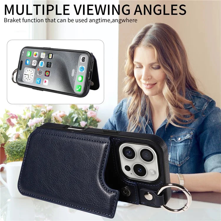 003 For iPhone 16 Pro Case Leather Ring Buckle Phone Back Cover Kickstand