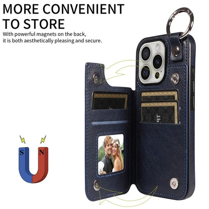 003 For iPhone 16 Pro Case Leather Ring Buckle Phone Back Cover Kickstand