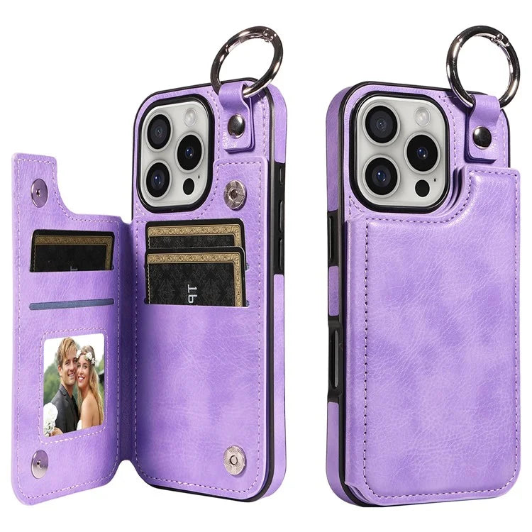 003 For iPhone 16 Pro Case Leather Ring Buckle Phone Back Cover Kickstand