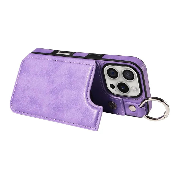 003 For iPhone 16 Pro Case Leather Ring Buckle Phone Back Cover Kickstand