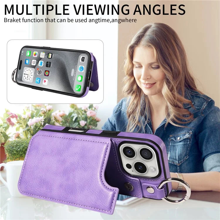 003 For iPhone 16 Pro Case Leather Ring Buckle Phone Back Cover Kickstand