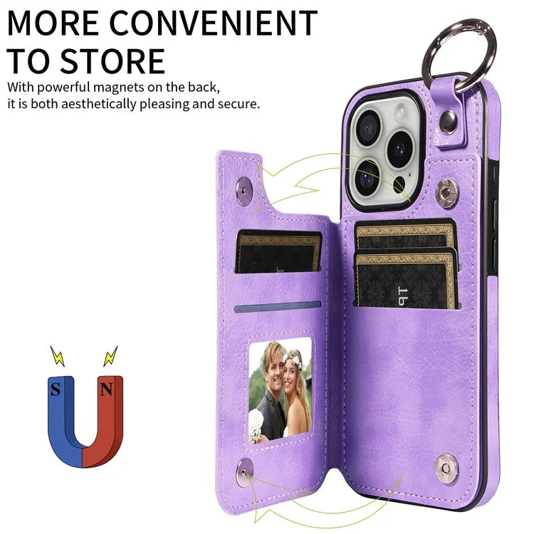 003 For iPhone 16 Pro Case Leather Ring Buckle Phone Back Cover Kickstand