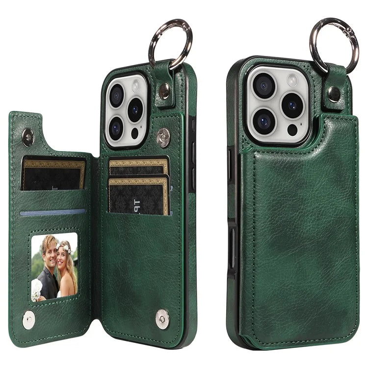 003 For iPhone 16 Pro Case Leather Ring Buckle Phone Back Cover Kickstand