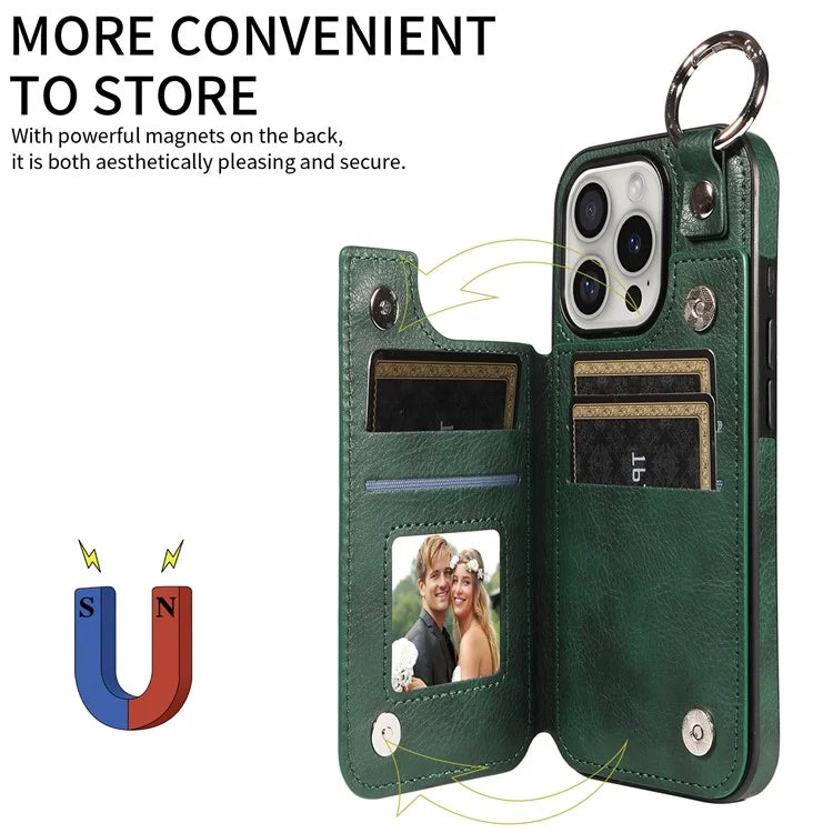 003 For iPhone 16 Pro Case Leather Ring Buckle Phone Back Cover Kickstand