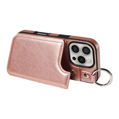003 For iPhone 16 Pro Case Leather Ring Buckle Phone Back Cover Kickstand