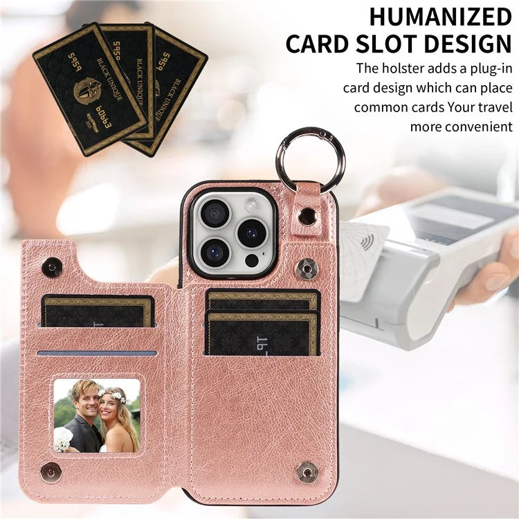 003 For iPhone 16 Pro Case Leather Ring Buckle Phone Back Cover Kickstand