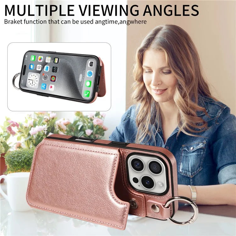 003 For iPhone 16 Pro Case Leather Ring Buckle Phone Back Cover Kickstand