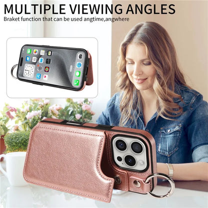 003 For iPhone 16 Pro Case Leather Ring Buckle Phone Back Cover Kickstand