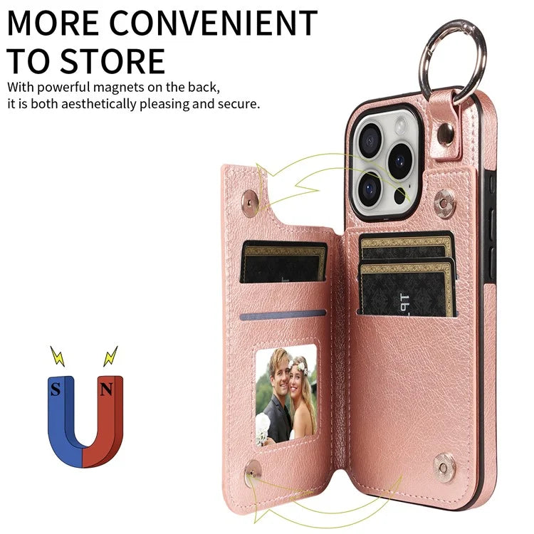 003 For iPhone 16 Pro Case Leather Ring Buckle Phone Back Cover Kickstand