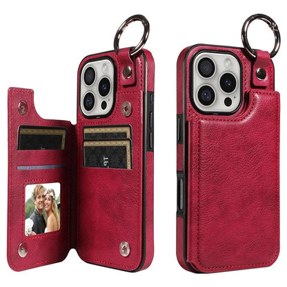 003 For iPhone 16 Pro Case Leather Ring Buckle Phone Back Cover Kickstand