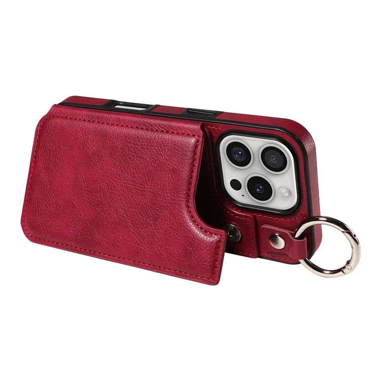 003 For iPhone 16 Pro Case Leather Ring Buckle Phone Back Cover Kickstand