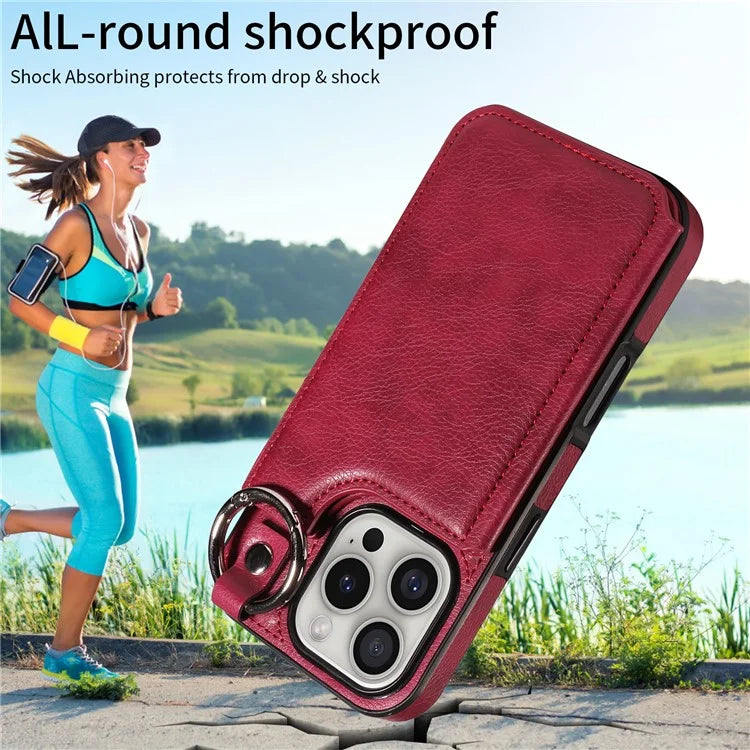 003 For iPhone 16 Pro Case Leather Ring Buckle Phone Back Cover Kickstand