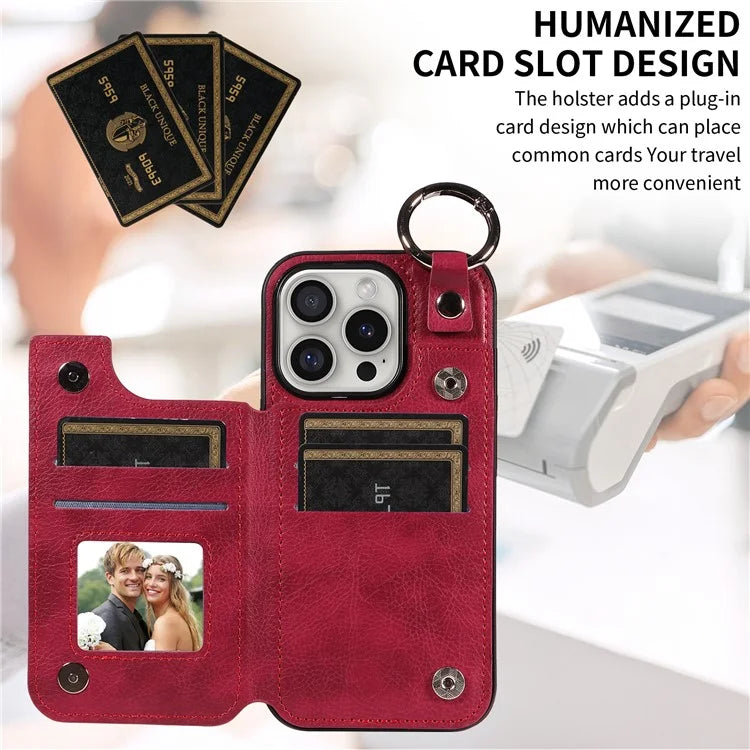 003 For iPhone 16 Pro Case Leather Ring Buckle Phone Back Cover Kickstand