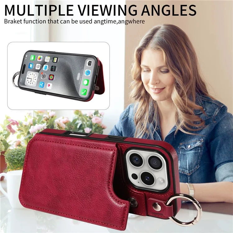 003 For iPhone 16 Pro Case Leather Ring Buckle Phone Back Cover Kickstand