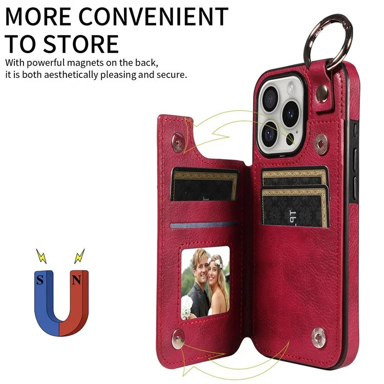 003 For iPhone 16 Pro Case Leather Ring Buckle Phone Back Cover Kickstand