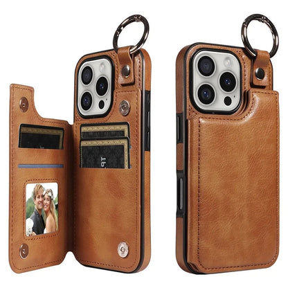 003 For iPhone 16 Pro Case Leather Ring Buckle Phone Back Cover Kickstand