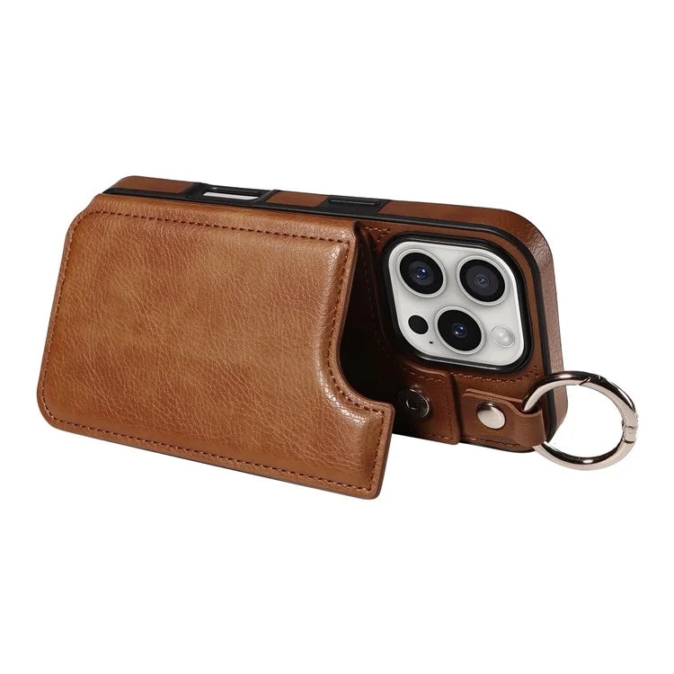 003 For iPhone 16 Pro Case Leather Ring Buckle Phone Back Cover Kickstand