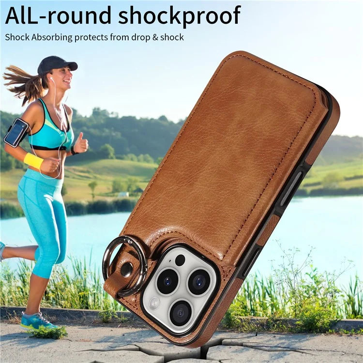 003 For iPhone 16 Pro Case Leather Ring Buckle Phone Back Cover Kickstand