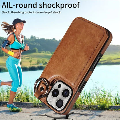 003 For iPhone 16 Pro Case Leather Ring Buckle Phone Back Cover Kickstand