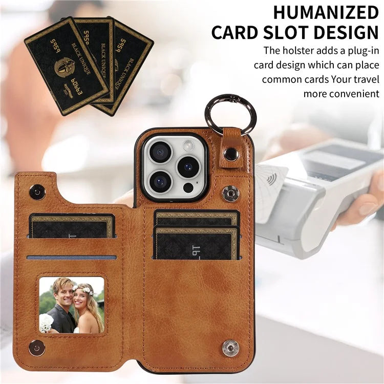 003 For iPhone 16 Pro Case Leather Ring Buckle Phone Back Cover Kickstand