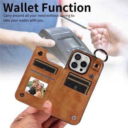 003 For iPhone 16 Pro Case Leather Ring Buckle Phone Back Cover Kickstand