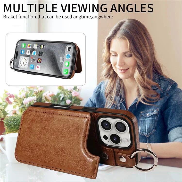 003 For iPhone 16 Pro Case Leather Ring Buckle Phone Back Cover Kickstand