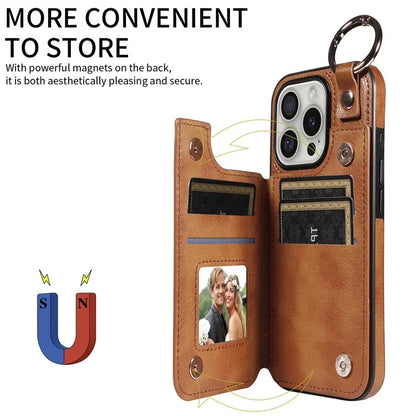 003 For iPhone 16 Pro Case Leather Ring Buckle Phone Back Cover Kickstand