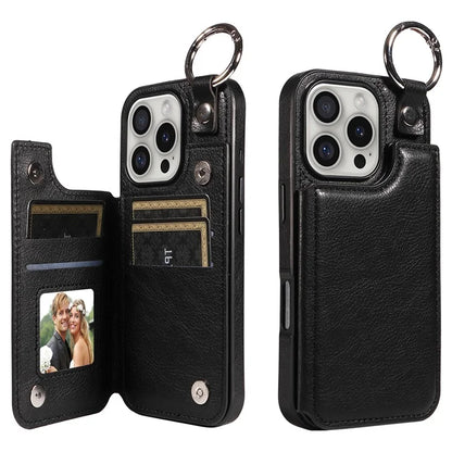 003 For iPhone 16 Pro Case Leather Ring Buckle Phone Back Cover Kickstand