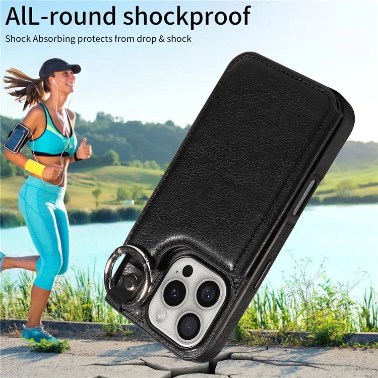 003 For iPhone 16 Pro Case Leather Ring Buckle Phone Back Cover Kickstand