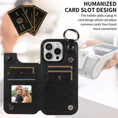 003 For iPhone 16 Pro Case Leather Ring Buckle Phone Back Cover Kickstand