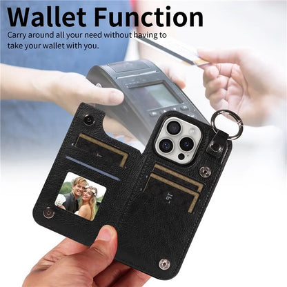 003 For iPhone 16 Pro Case Leather Ring Buckle Phone Back Cover Kickstand