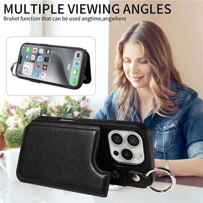 003 For iPhone 16 Pro Case Leather Ring Buckle Phone Back Cover Kickstand