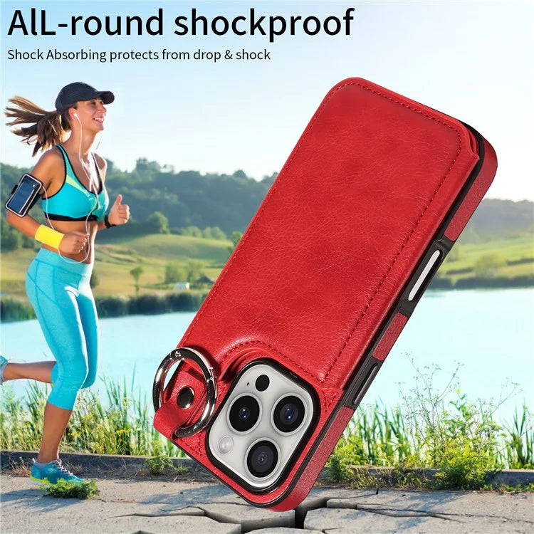 003 For iPhone 16 Pro Case Leather Ring Buckle Phone Back Cover Kickstand