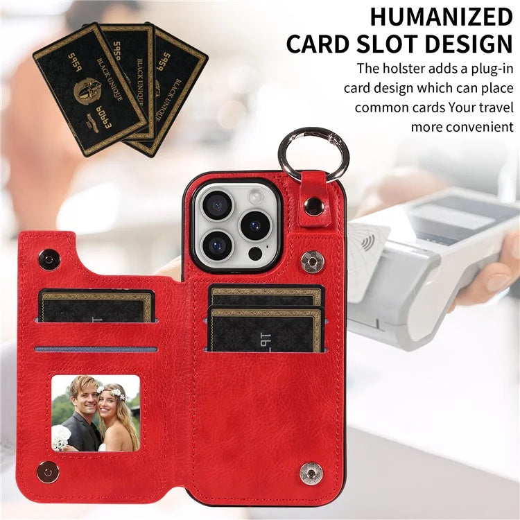 003 For iPhone 16 Pro Case Leather Ring Buckle Phone Back Cover Kickstand