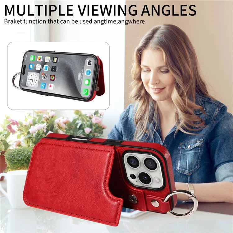 003 For iPhone 16 Pro Case Leather Ring Buckle Phone Back Cover Kickstand