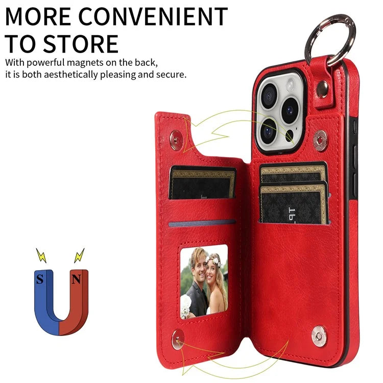 003 For iPhone 16 Pro Case Leather Ring Buckle Phone Back Cover Kickstand