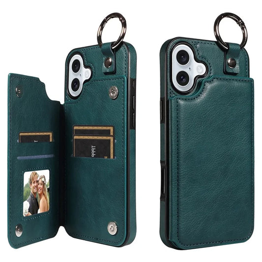003 For iPhone 16 Plus Case Leather Ring Buckle Phone Back Cover Kickstand