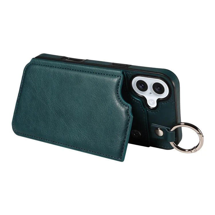 003 For iPhone 16 Plus Case Leather Ring Buckle Phone Back Cover Kickstand