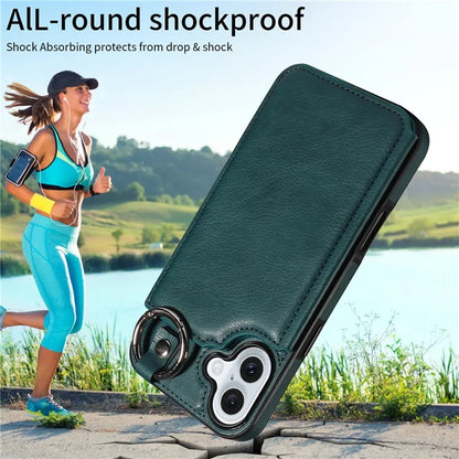 003 For iPhone 16 Plus Case Leather Ring Buckle Phone Back Cover Kickstand