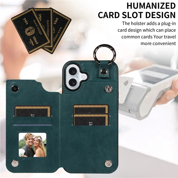 003 For iPhone 16 Plus Case Leather Ring Buckle Phone Back Cover Kickstand