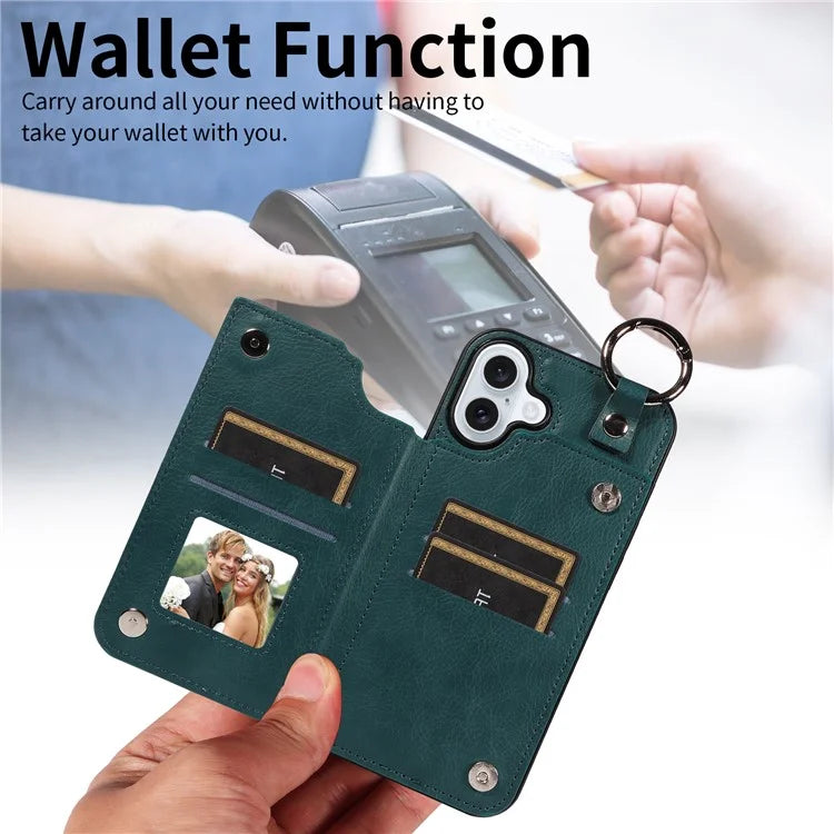 003 For iPhone 16 Plus Case Leather Ring Buckle Phone Back Cover Kickstand