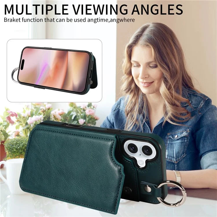 003 For iPhone 16 Plus Case Leather Ring Buckle Phone Back Cover Kickstand