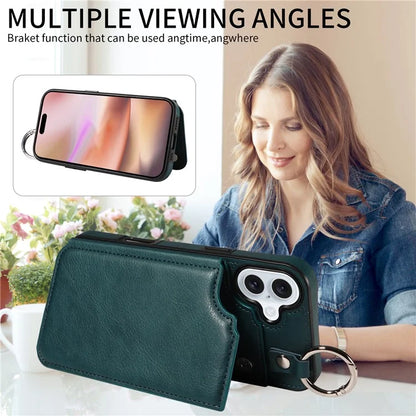 003 For iPhone 16 Plus Case Leather Ring Buckle Phone Back Cover Kickstand