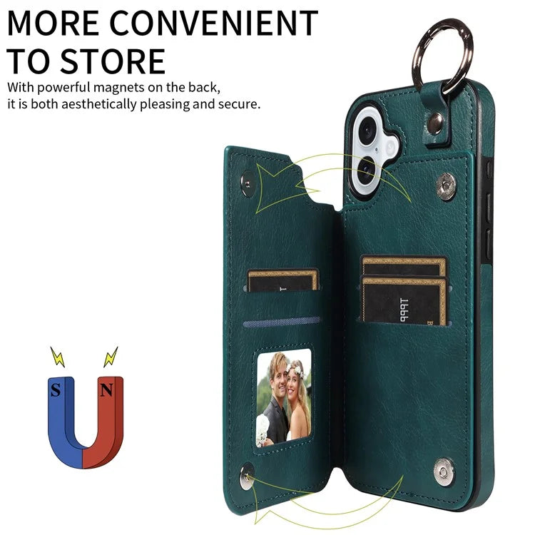 003 For iPhone 16 Plus Case Leather Ring Buckle Phone Back Cover Kickstand