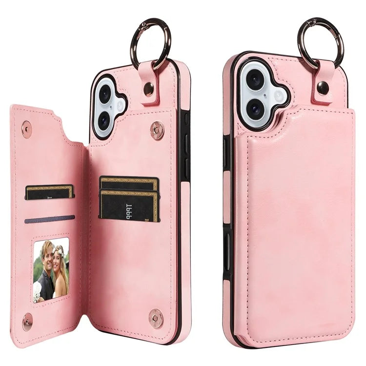 003 For iPhone 16 Plus Case Leather Ring Buckle Phone Back Cover Kickstand