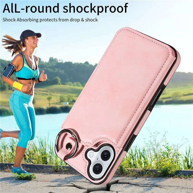 003 For iPhone 16 Plus Case Leather Ring Buckle Phone Back Cover Kickstand