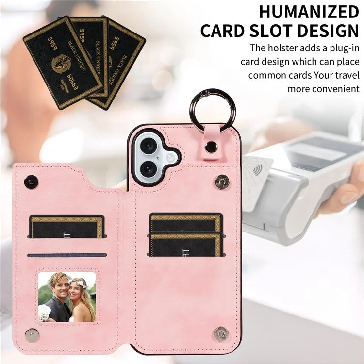 003 For iPhone 16 Plus Case Leather Ring Buckle Phone Back Cover Kickstand